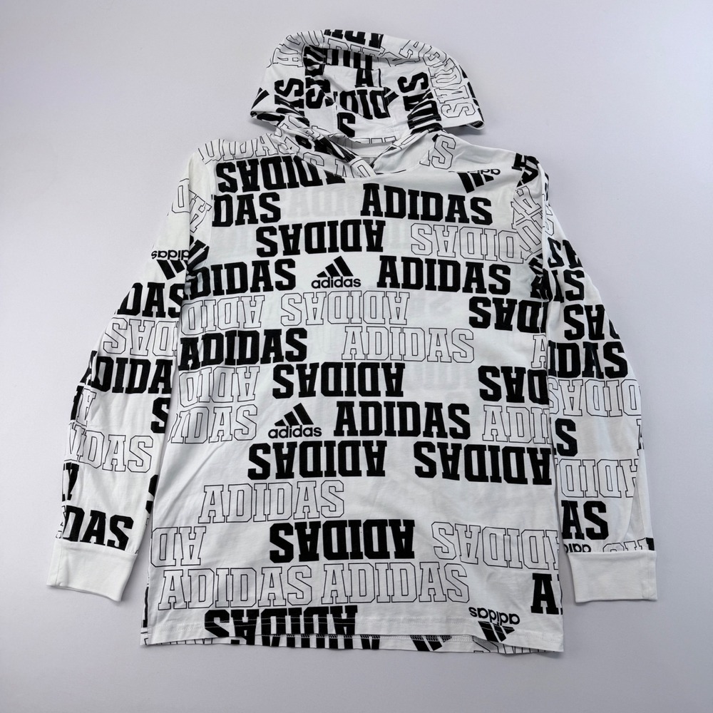 Adidas Boys Large 14/16 White Black All Over Logo Print Long Sleeve Hooded Shirt